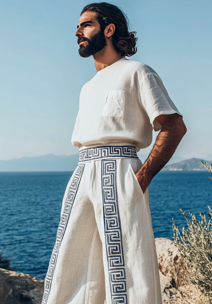 Men's Vintage Greek Key Embroidered Linen Lounge Pants artswardrobe