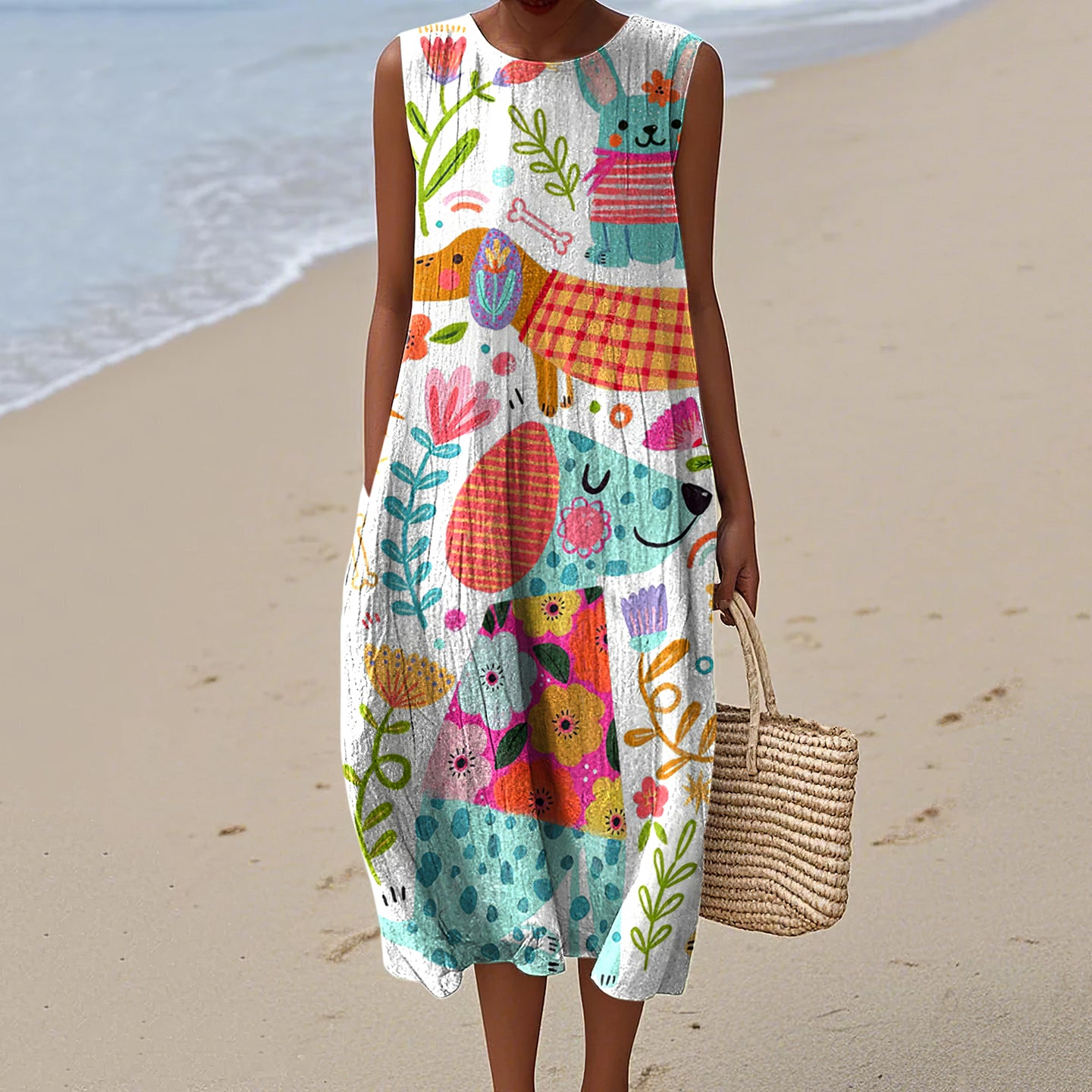 Women's Colorful Floral Dog Art Print Crew Neck Dress artswardrobe