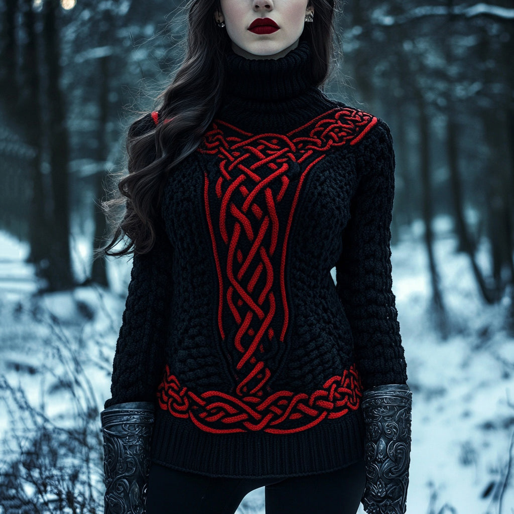 Women's Viking Celtic Knot Contrasting Color Cozy Turtleneck Knitted Sweater elevenforest