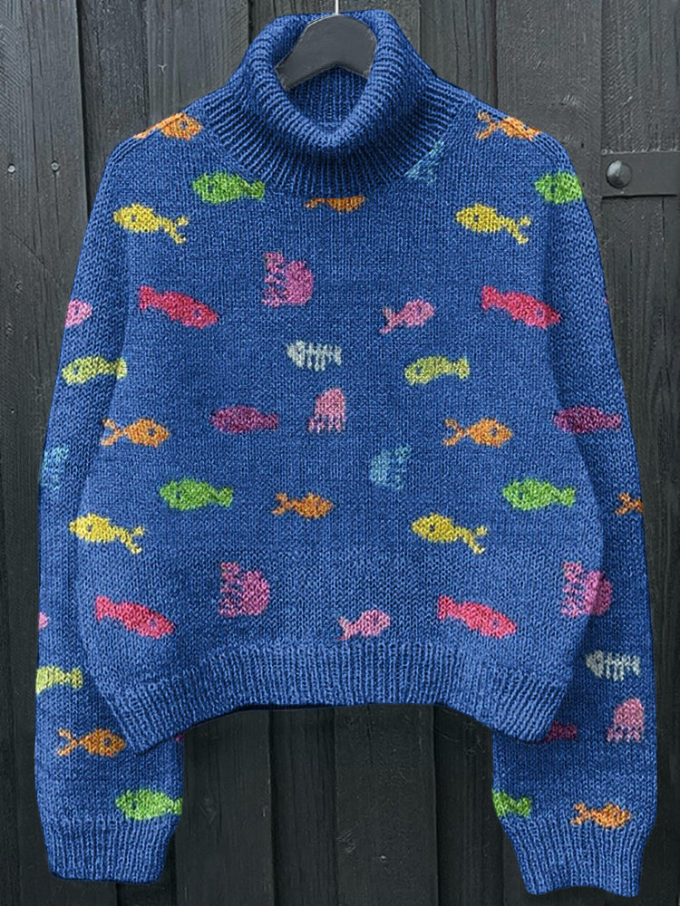 Vintage Fishes And Jellyfishes Art Knitting Patterns Art Cozy Turtleneck Sweater elevenforest