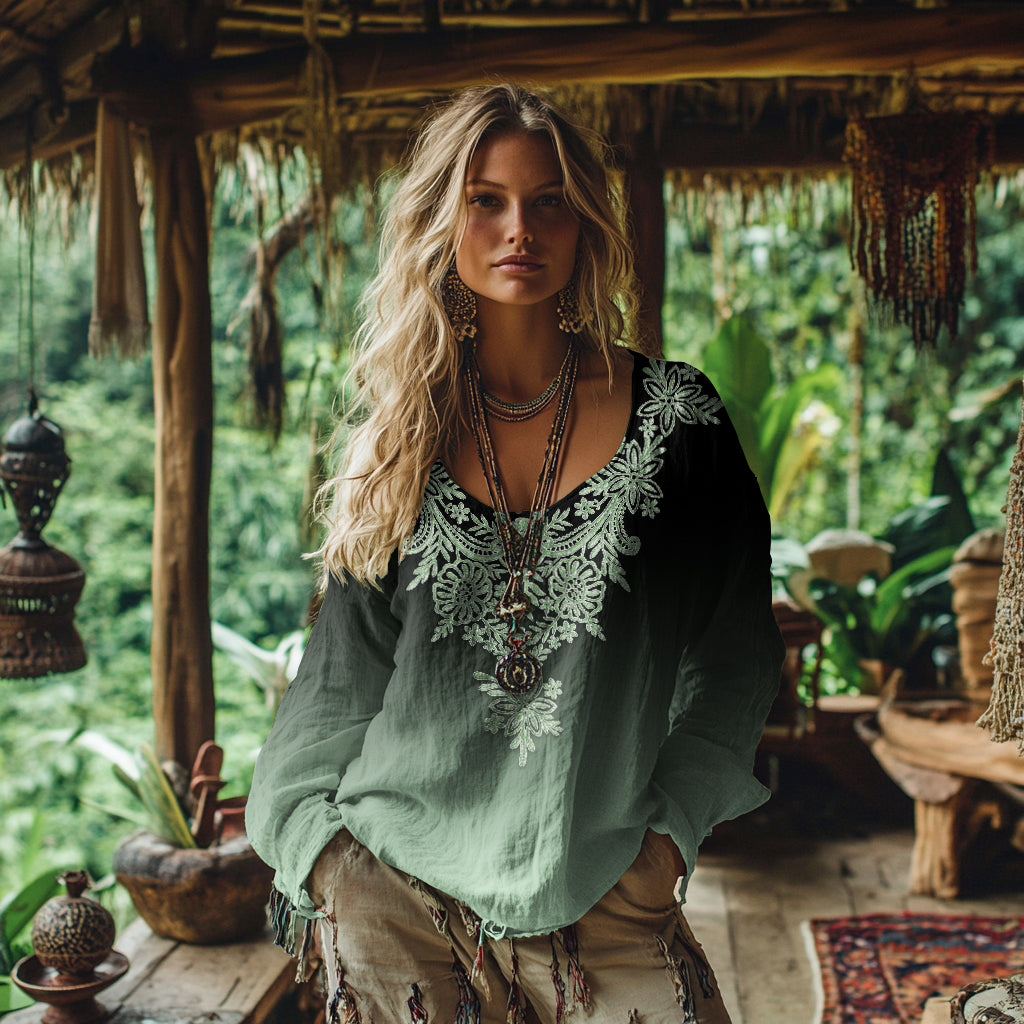 Comstylish Retro Bohemian Resort Floral Gradient Pattern Art Embroidery Cotton And Linen Blend Loose Blouse