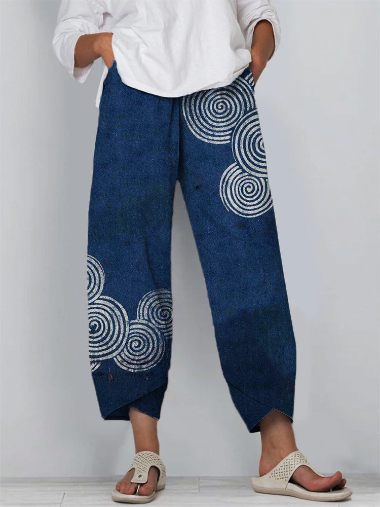 Comstylish Sea Waves Ripples Japanese Lino Art Linen Blend Cropped Pants