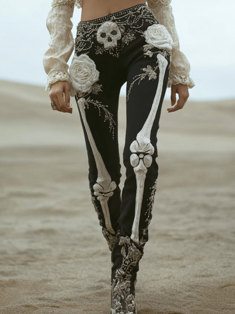 Comstylish Women's Halloween Skeleton And Romantic Rose Gothic Slimming Pants