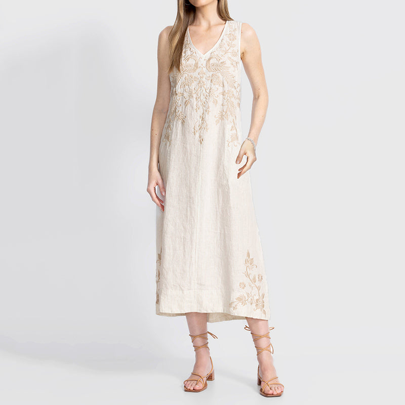 Women's Elegant Peacock Floral Embroidery Stripes Art Linen Maxi Dress artswardrobe