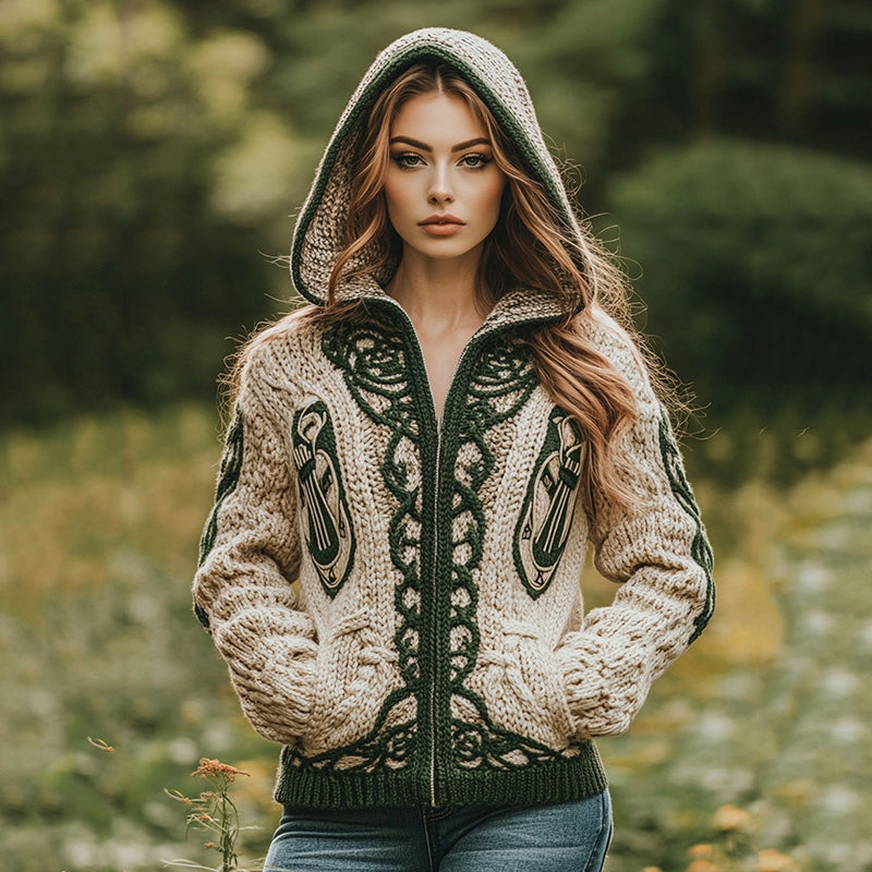 Women's Celtic Knot Harp Jacquard Hooded Zip Sweater elevenforest