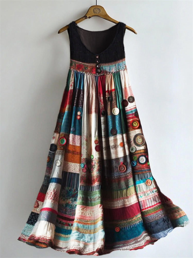 Boho Colorful Textile Flowy Linen Blend Tank Dress artswardrobe