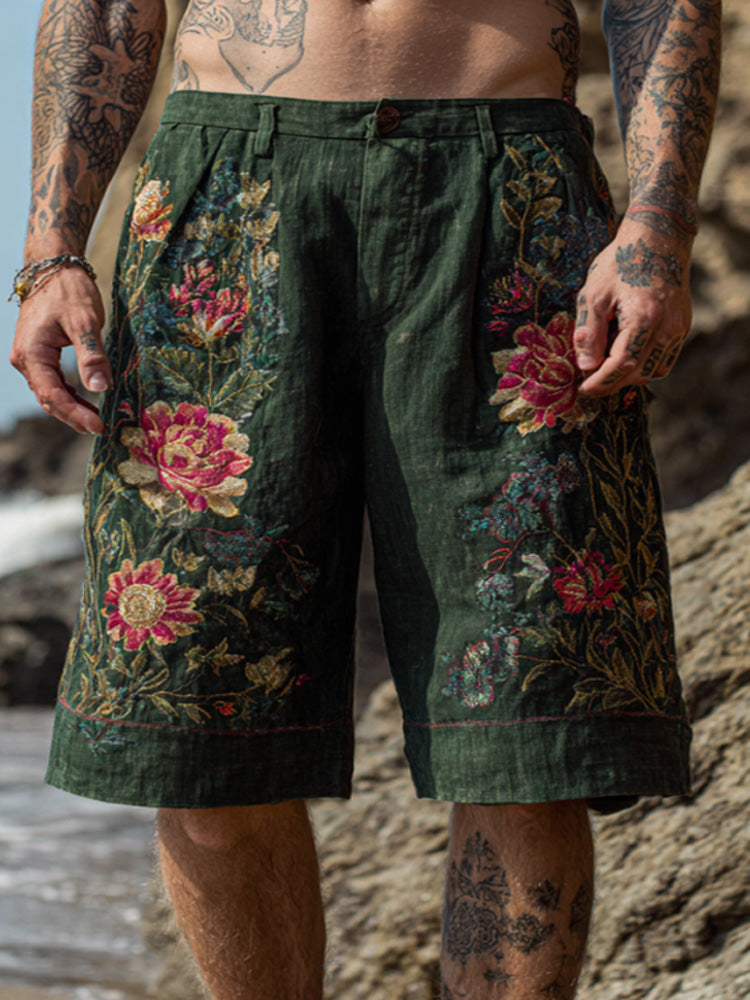 Men's Retro Bohemian Plant And Floral Embroidered Print Shorts Pants artswardrobe