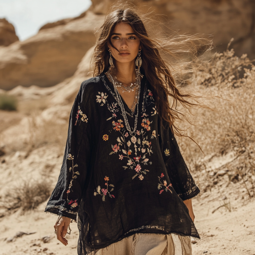 Comstylish Boho Vintage Floral Embroidery Print Cotton And Linen Blend Loose Blouse