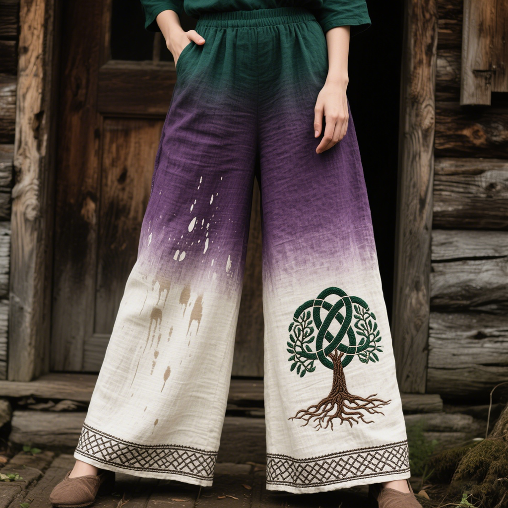 Women's Celtic Knot Tree Of Life Gradient Linen Blend Pants artswardrobe