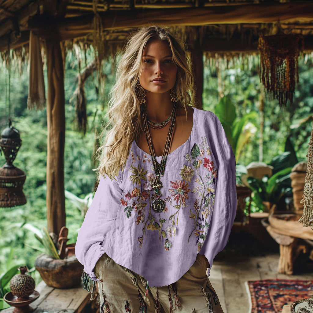 Comstylish Retro Bohemian Floral Embroidery Art Graphics Cotton And Linen Blend Loose Blouse