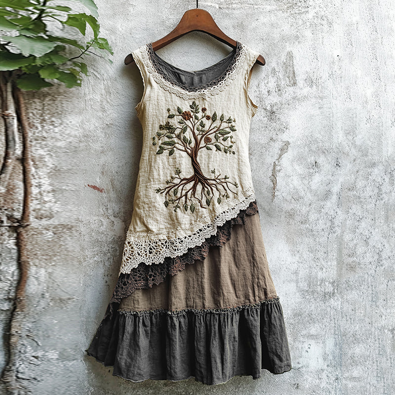 Viking Celtic Tree Of Life Lace Art Patchwork Linen Tank Dress artswardrobe