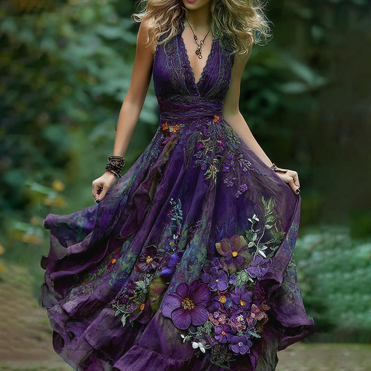 Vintage Embroidered Pansy Floral Vest Maxi Dress artswardrobe