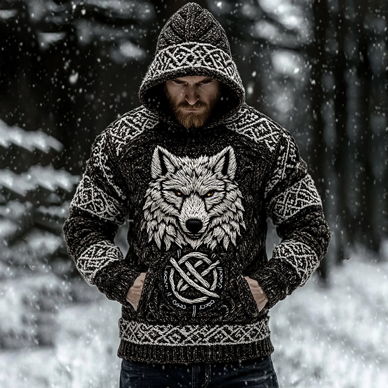 Men's Viking Inspired Wolf Art Knit Pocket Hooded Sweater elevenforest