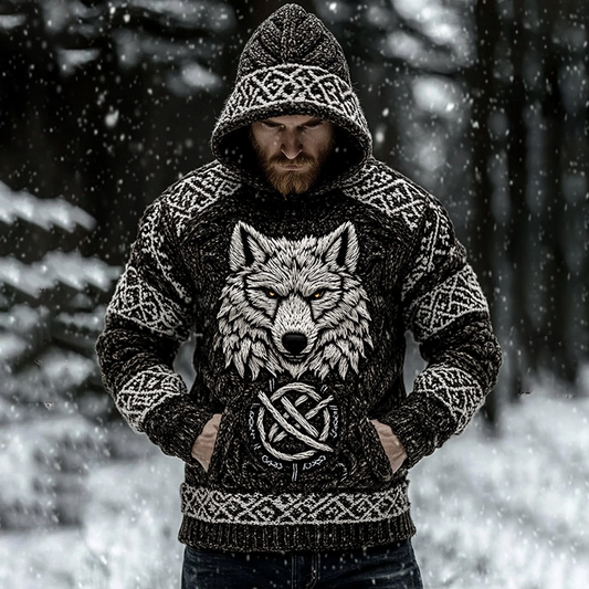 Men's Viking Inspired Wolf Art Knit Pocket Hooded Sweater elevenforest