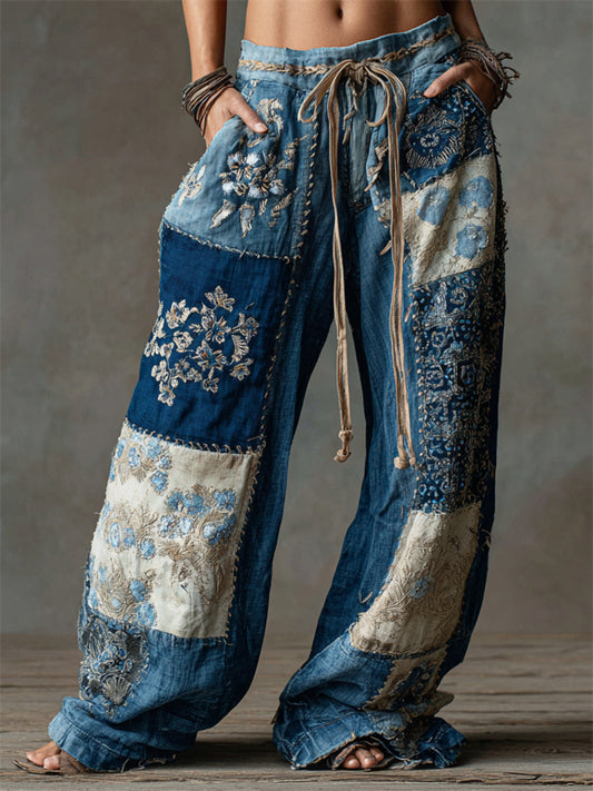 Comstylish Boho Floral Embroidered Colorblock Flowy Wide Leg Linen Pants