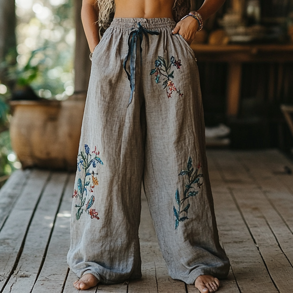 Bohemian Floral Art Printed Cotton Linen Wide Leg Pants artswardrobe