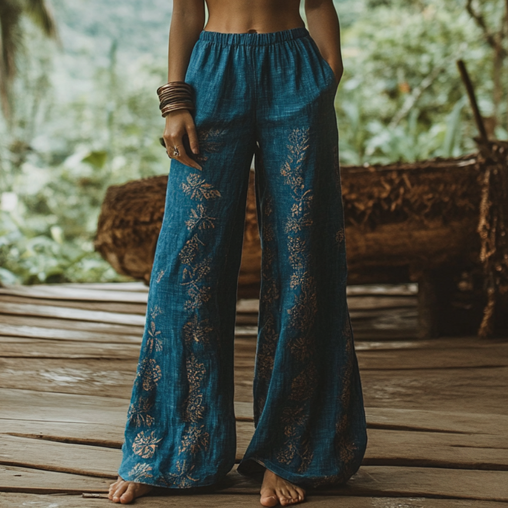 Bohemian Holiday Style Linen Bohemian Ethnic Totem Print Linen Long Loose Wide-leg Pants artswardrobe