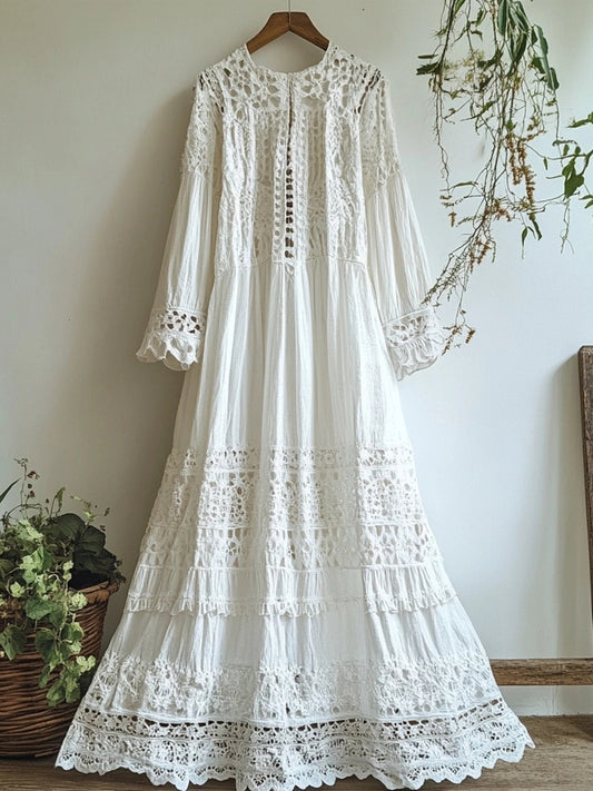 Vintage Floral Hollow Lace Patchwork Linen Cozy Maxi Dress artswardrobe