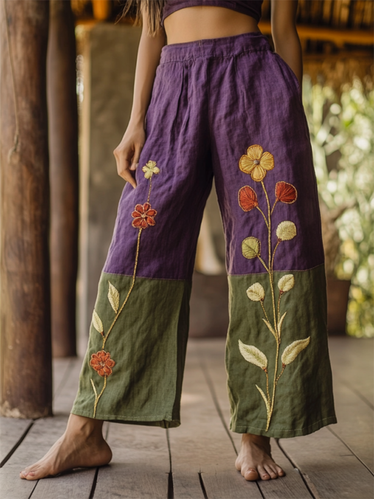 Vintage Bohe Resort Forest Floral Art Printed Cotton Linen Wide Leg Pants artswardrobe