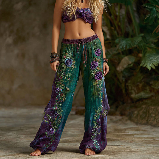 Women's Vintage Rose Floral Pattern Casual Wide Leg Pants artswardrobe