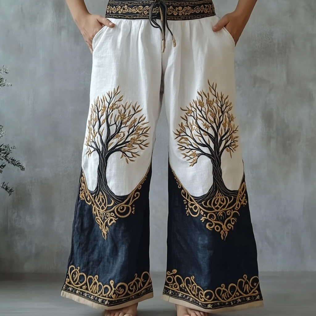 Men's Retro Viking Tribal Life Of Tree Celtic Art Casual Linen Pants artswardrobe