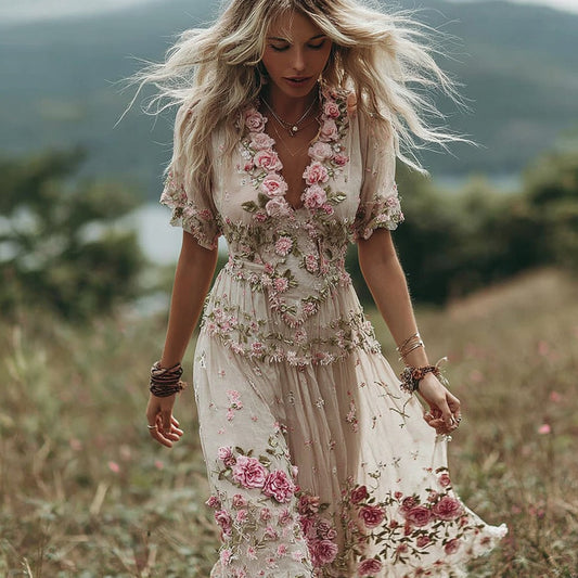 Women's Vintage Pink Rose Floral Embroidery Art Comfy Linen Maxi Dress artswardrobe