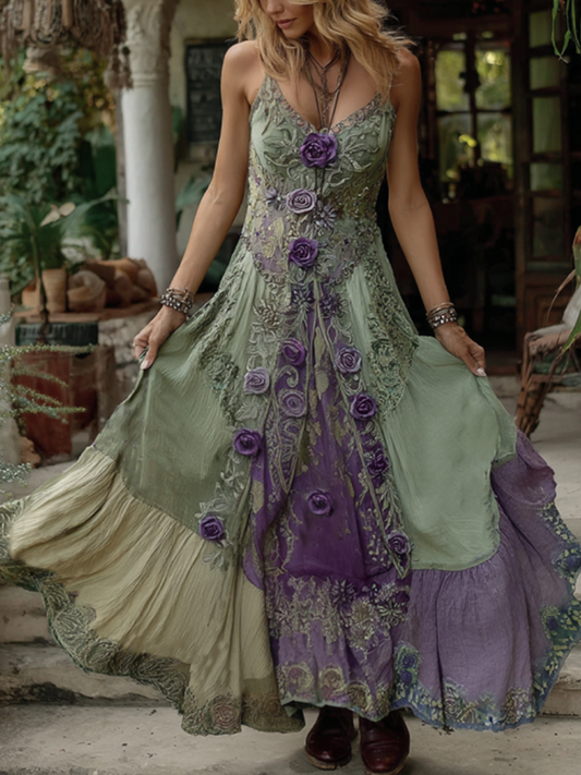 Vintage Classy Gradient Purple Lavender And Floral Embroidered Linen Suspender Long Dress artswardrobe