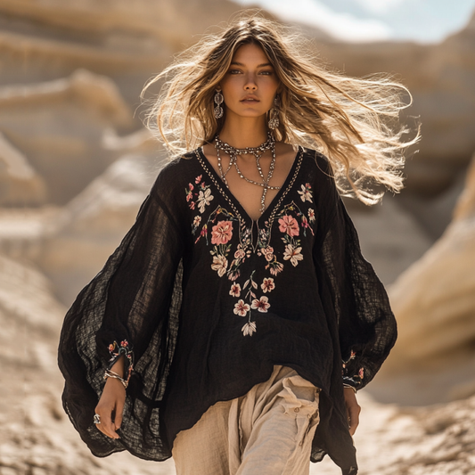 Comstylish Boho Floral Embroidery Print Cotton And Linen Blend Loose Blouse