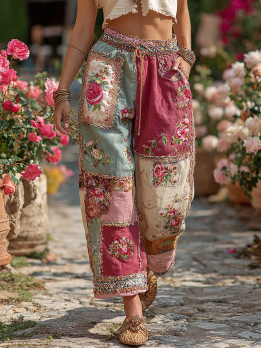 Vintage Retro Rose And Floral Patchwork Art Linen Pants artswardrobe