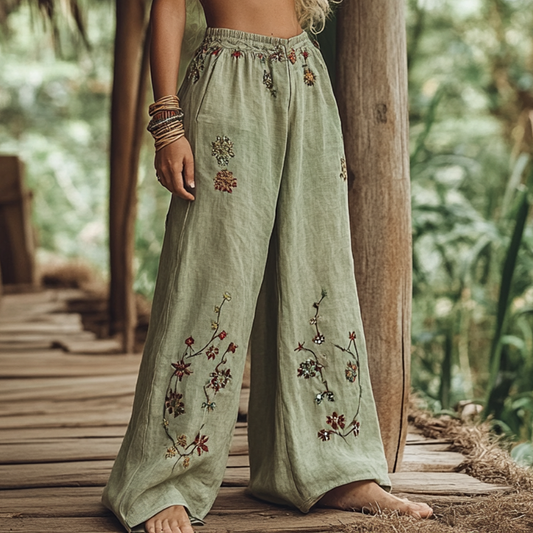 Bohemian Holiday Style Linen Bohemian Leaf Ethnic Totem Print Linen Long Loose Wide-leg Pants artswardrobe
