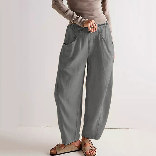 Solid Color Big Pocket Linen Blend Casual Pants artswardrobe