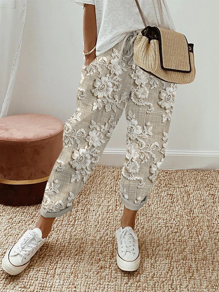 Vintage Floral Lace Embroidered Linen Blend Casual Pants artswardrobe