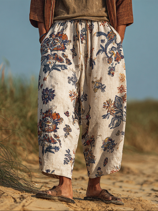 Western Bohemian Style Plant And Flower Pattern Retro Cotton And Linen Men's Loose Wide-leg Pants artswardrobe