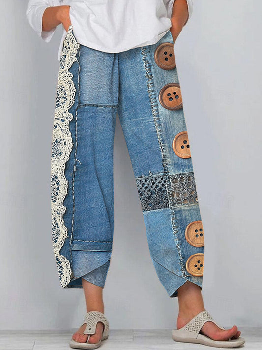 Denim Lace Patchwork Art Button Design Pants artswardrobe
