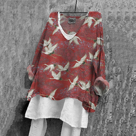Comstylish Vintage Japanese Art Crane Print V-Neck Blouse