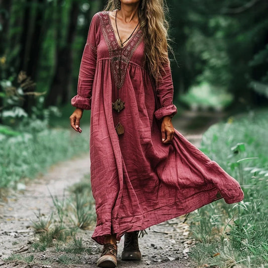 Women's Vintage Bohemian V-neck Linen Blend Ethnic Midi Dress artswardrobe