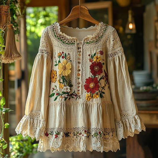 Comstylish Women's Vintage Embroidered Floral Lace Art Loose Blouse