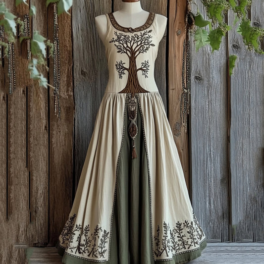 Vintage Viking Celtic Tree Pattern Linen Comfy Tank Dress artswardrobe