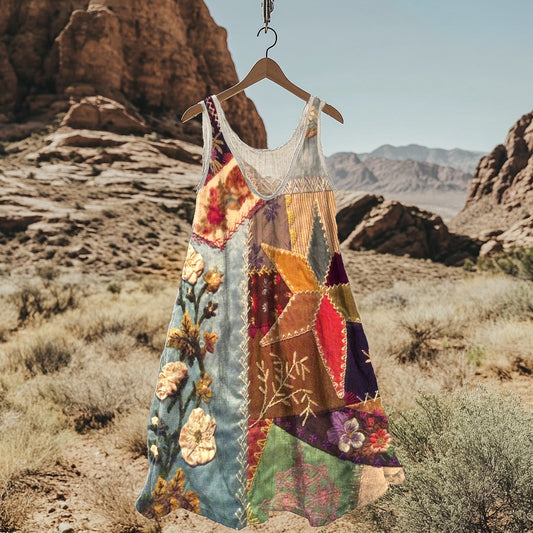 Abstract Creative Retro Chic Floral Art Linen Blend Tank Dress artswardrobe