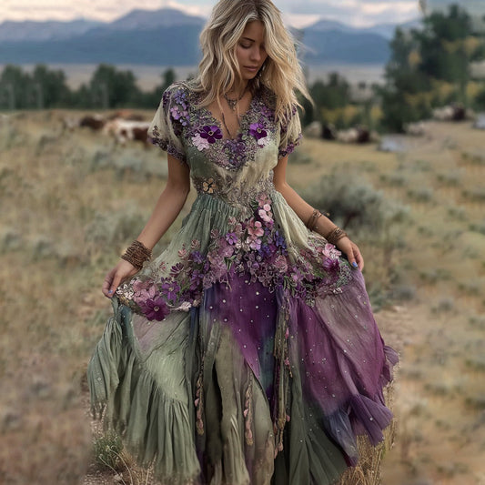 Vintage Gradient Purple Pansy Embroidered Linen Maxi Dress artswardrobe