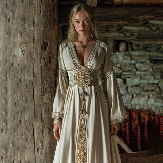 Women's Viking Celtic Knot Rune Art Pattern Cotton And Linen V-neck Dress artswardrobe