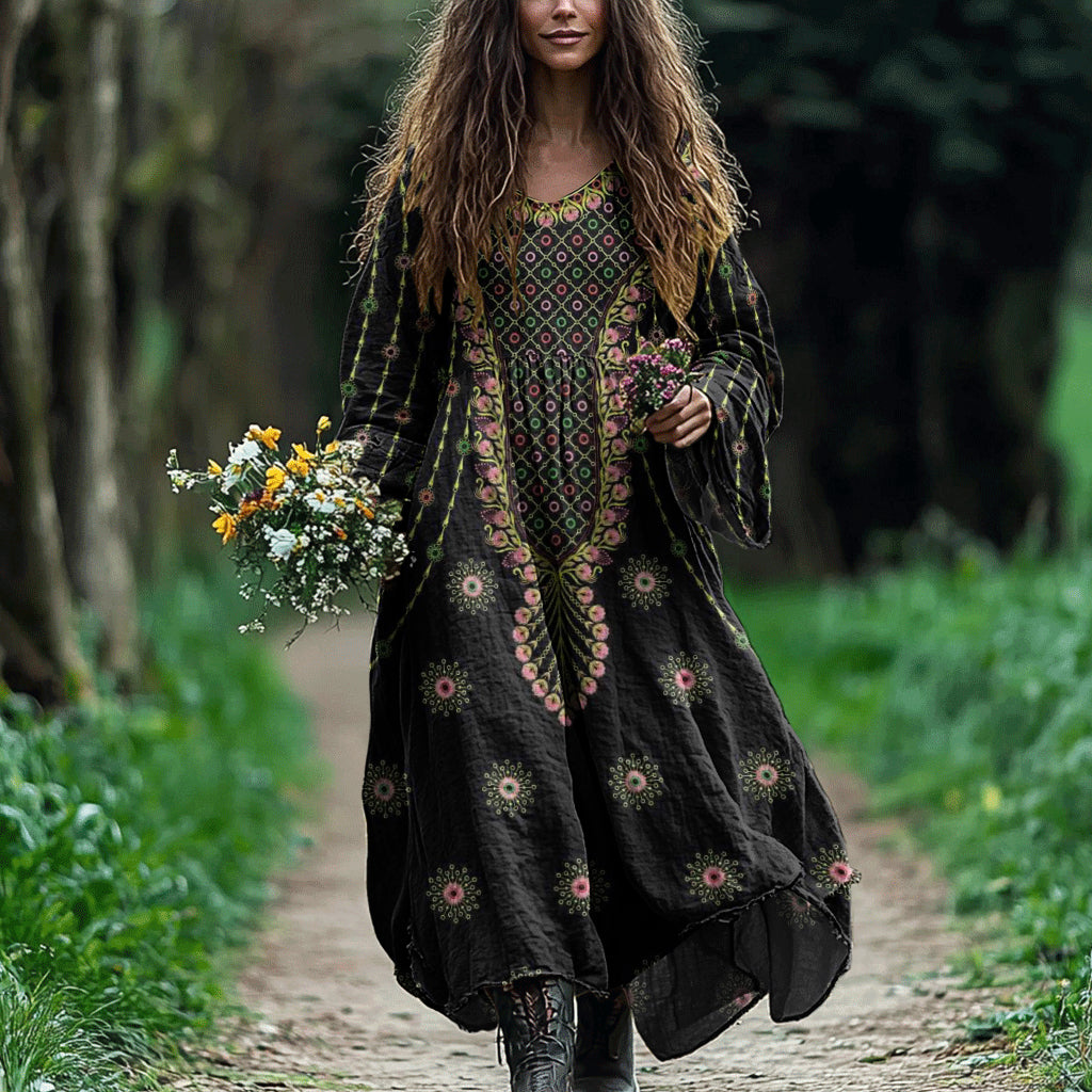 Women's Vintage Tribal Embroidered Linen Dress artswardrobe