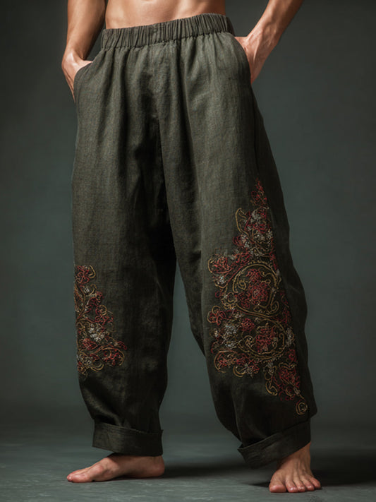 Men's Retro Bohemian Plant And Floral Embroidered Print Pants artswardrobe