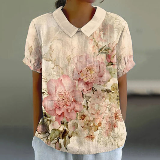 Comstylish Vintage Floral Print Lapel Short Sleeved Blouse