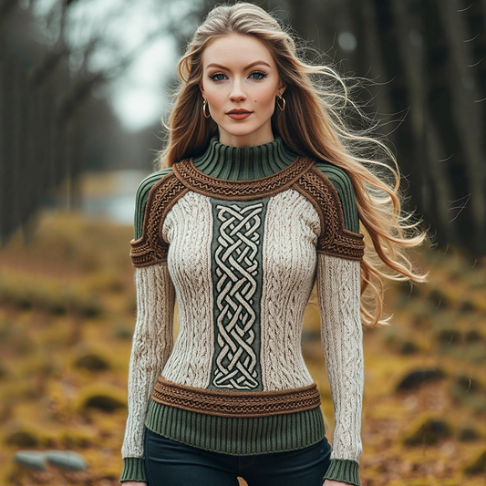 Irish Contrast Celtic Jacquard Cozy Turtleneck Knit Sweater elevenforest