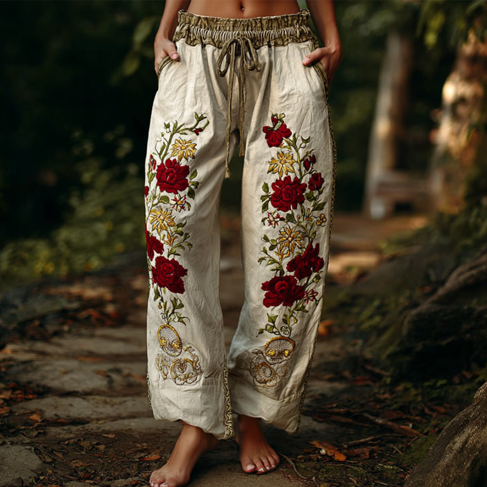 Comstylish Bohemian Rose Embroidery Casual Pants