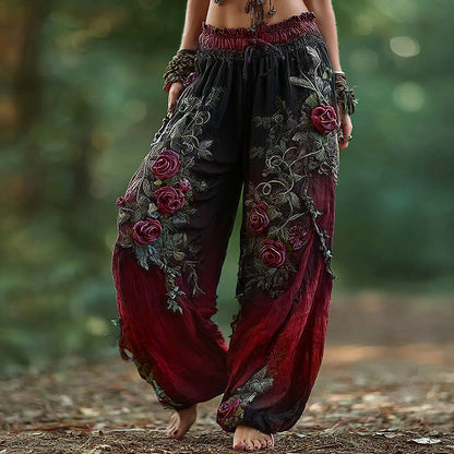 Women's Vintage Rose Floral Pattern Casual Pants artswardrobe