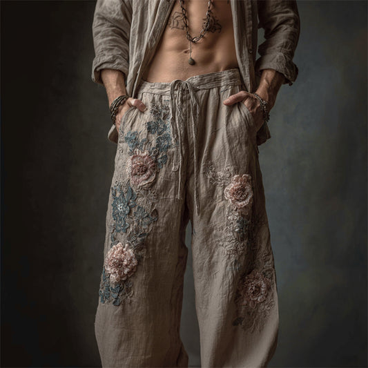 Men's Vintage Flowers Embroidered Wide Leg Linen Pants artswardrobe