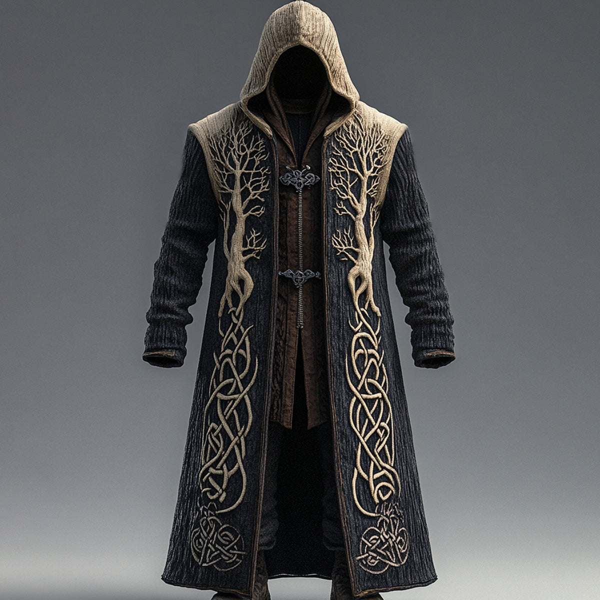 Men's Viking Contrast Color Tree Of Life Embroidered Knit Hooded Coat artswardrobe