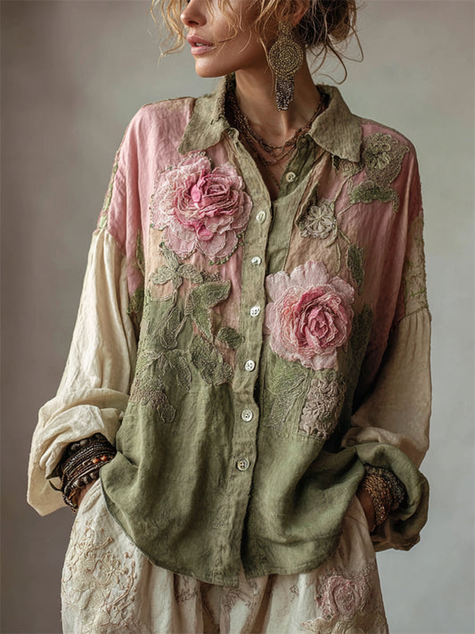 Pink Roses Fiber Art Boho Patchwork Flowy Linen Blouse artswardrobe